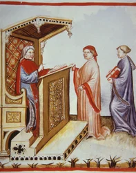 Nova 2644 fol.4r Ububchasym de Baldach (Ibn Butlan) écrivant le Tacuinum Sanitatis, illustration du Tacuini Sanitatis Codex Vindobonensis